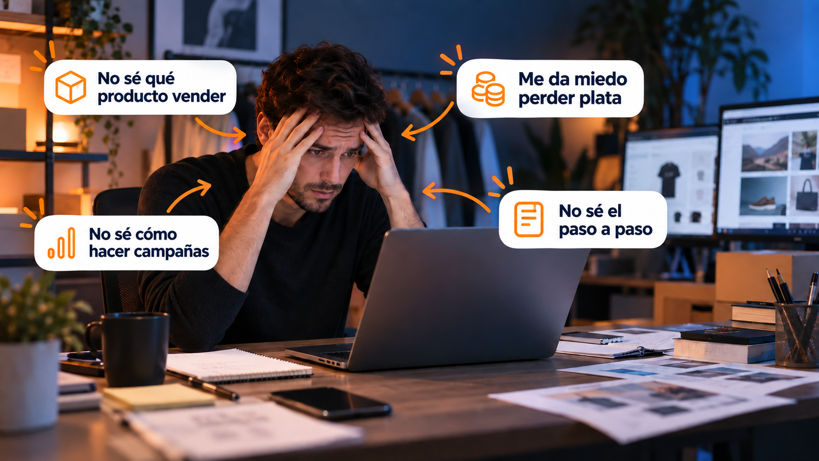 Un emprendedor rodeado de preguntas sobre qué producto vender, cómo invertir y cómo hacer campañas.