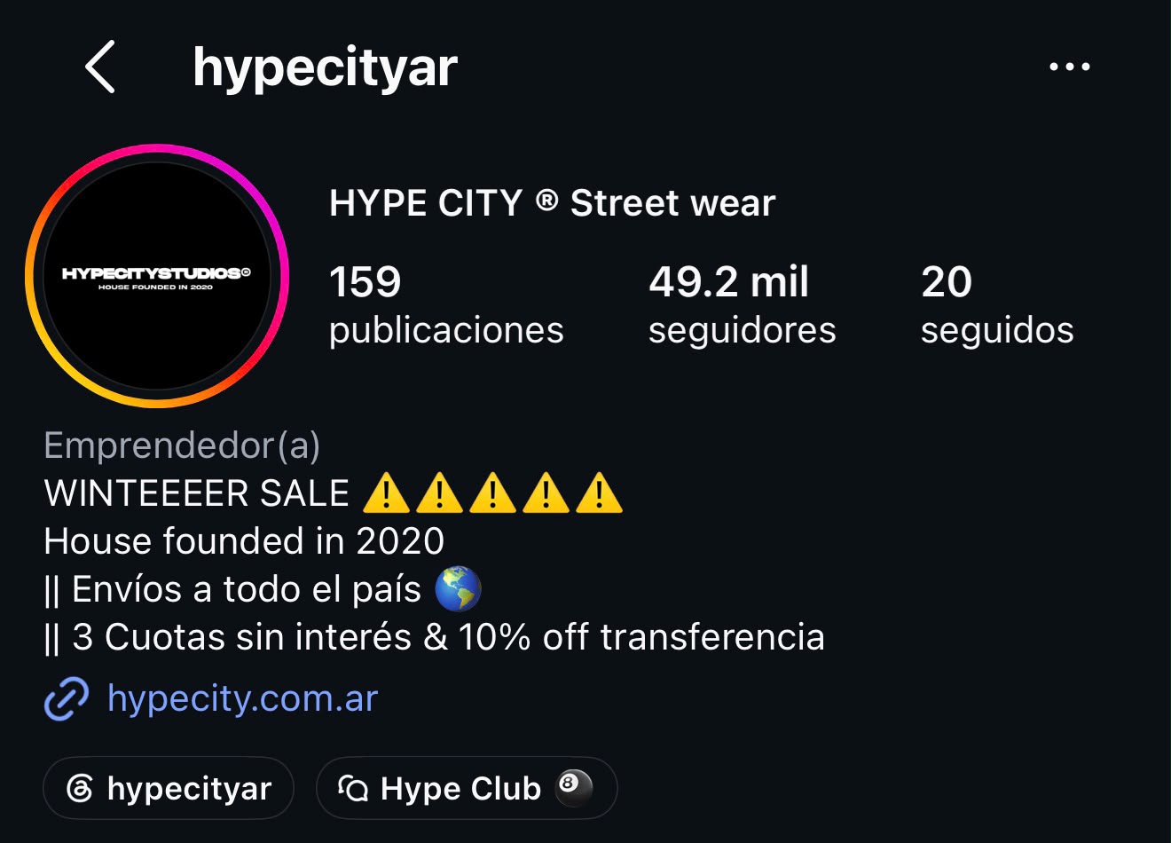 Captura del perfil de Hype City